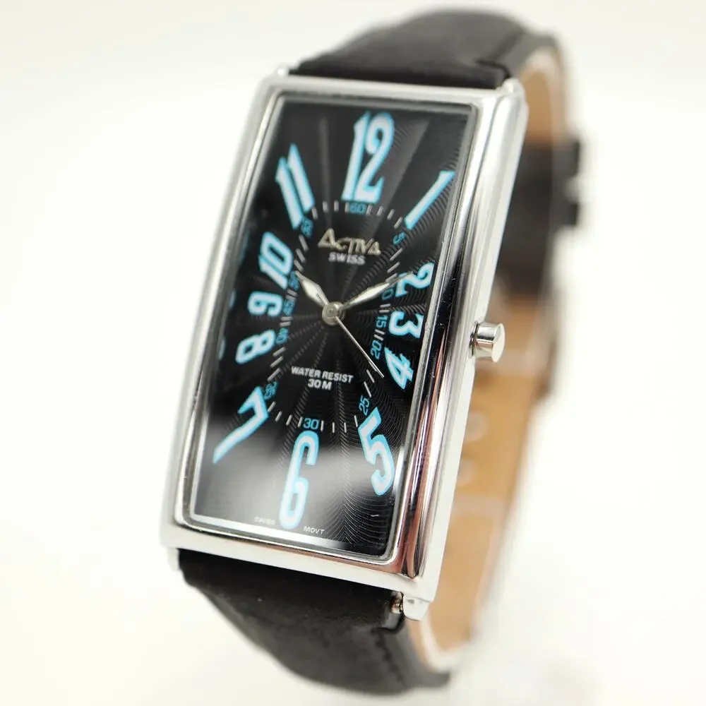 Activa Swiss Black Blue Tall Tank 26mm Unisex Watch Leather Strap w New Battery